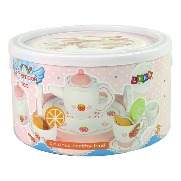 Kolorowy komplet do herbaty z drewna dla dziewczynki, całość na tacy