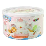 Kolorowy komplet do herbaty z drewna dla dziewczynki, całość na tacy