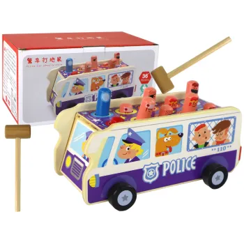 Drewniana gra zręcznościowa z policyjnym autobusem i młotkami