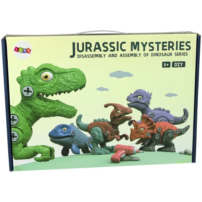 Opakowanie zestawu dinozaurów z wiertarką na baterie i śrubokrętem