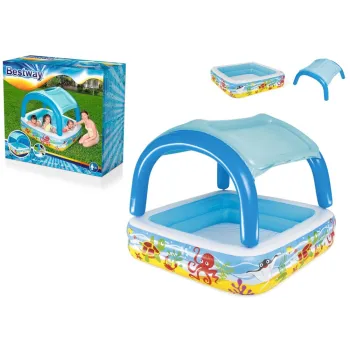 Kolorowy basen dmuchany dla dzieci Bestway z daszkiem w ogrodzie