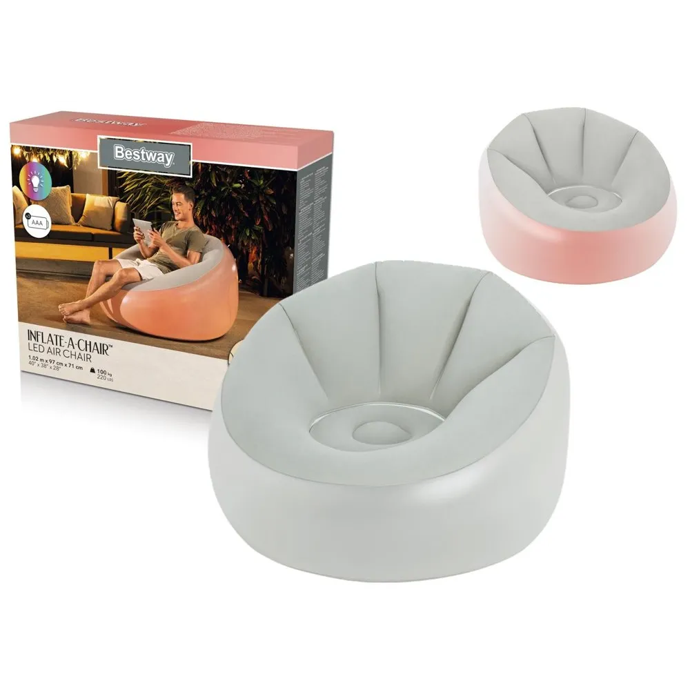 Dmuchany fotel podświetlany Bestway 75086 z LED w 7 kolorach na tle salonu
