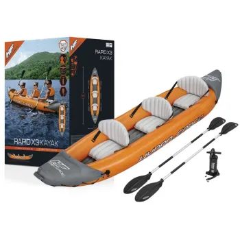 Dmuchany kajak trzyosobowy Bestway 65132 na tle jeziora