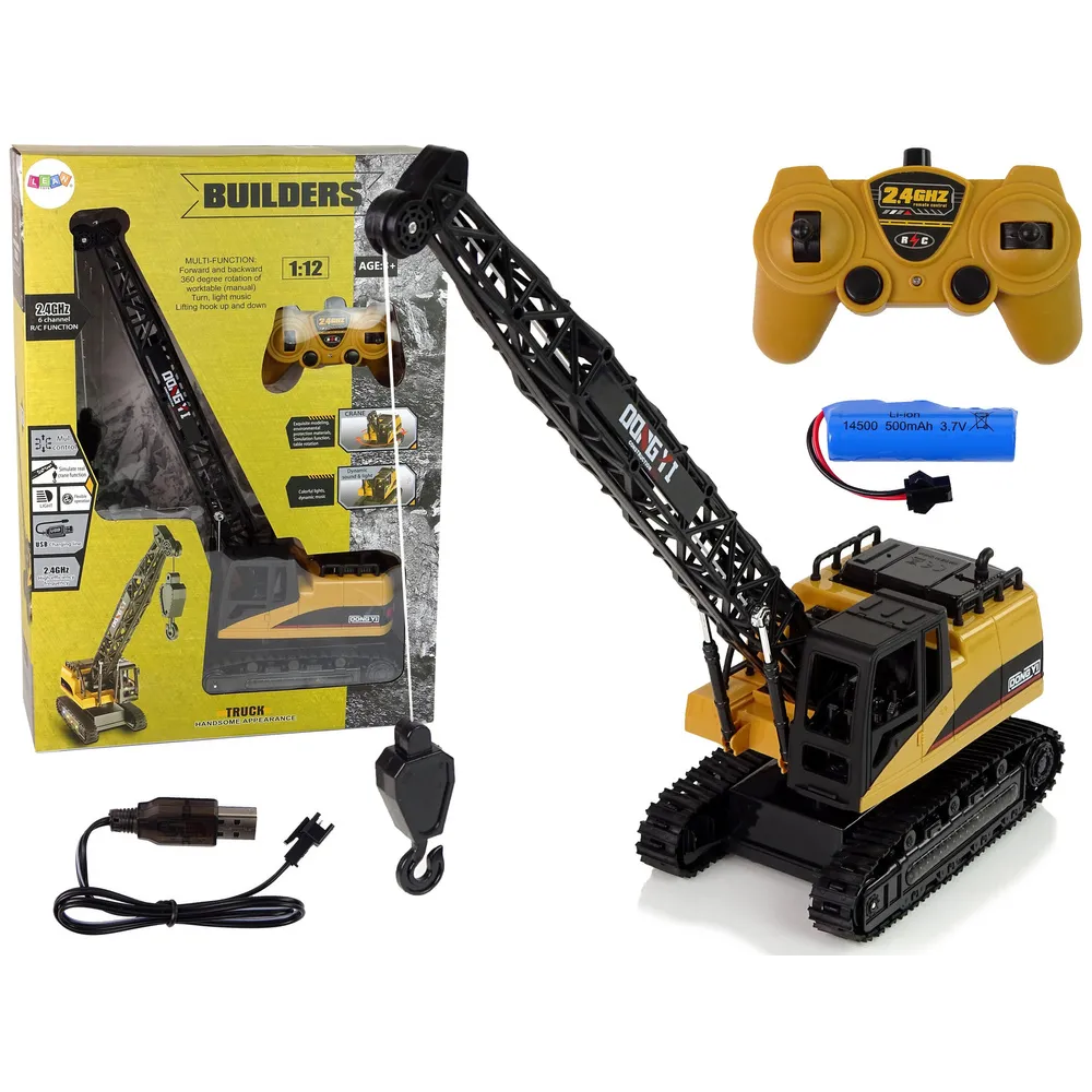 Zdalnie sterowany dźwig żuraw 1:12 podczas zabawy na dywanie