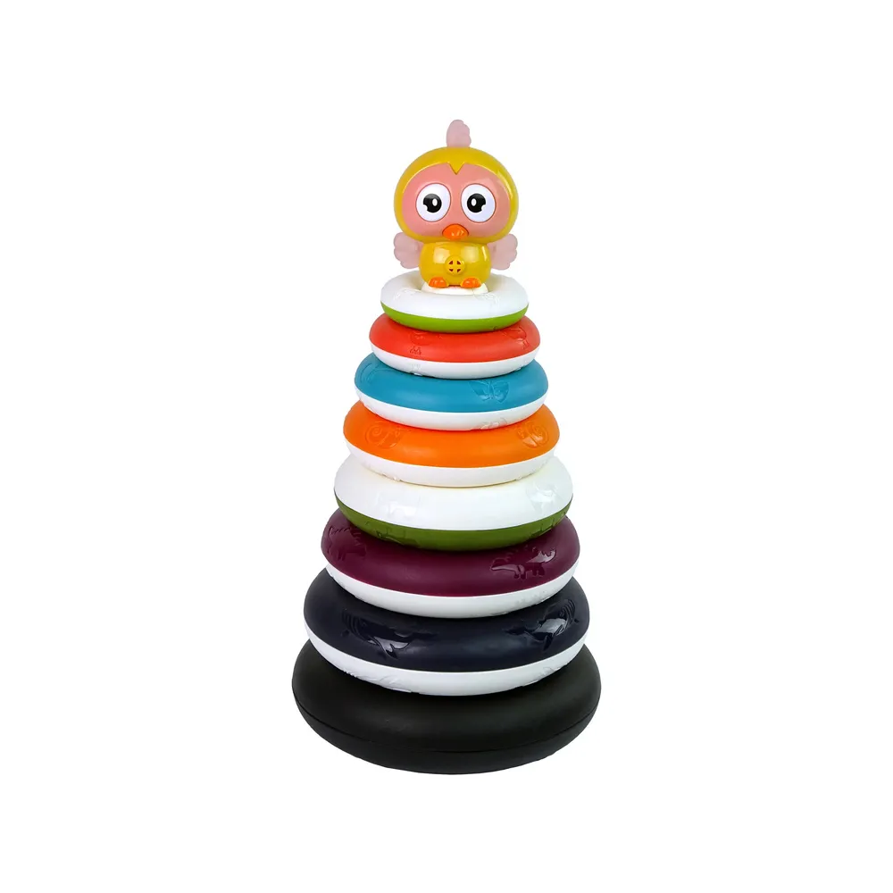 Piramidka edukacyjna z kolorowymi kółkami i żółtą kaczuszką na szczycie