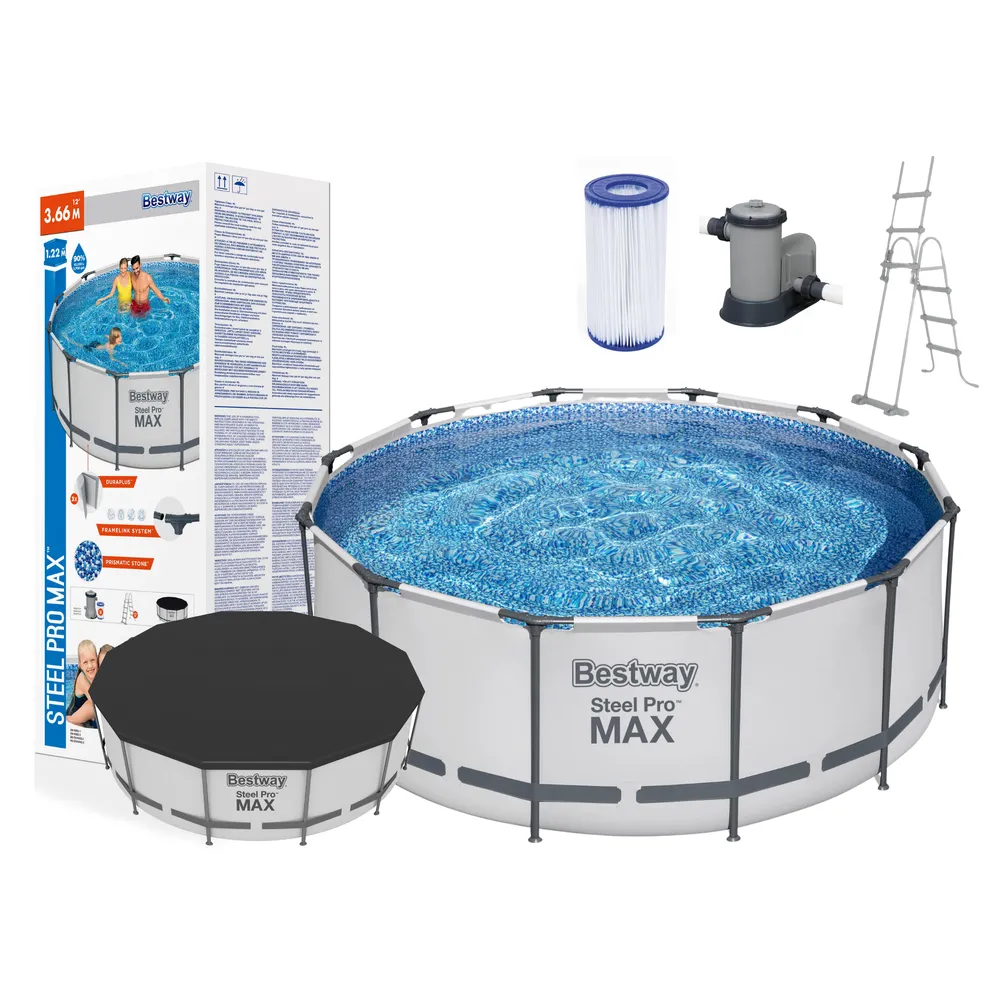 Basen stelażowy 366 x 122 cm w pełni rozłożony na trawniku