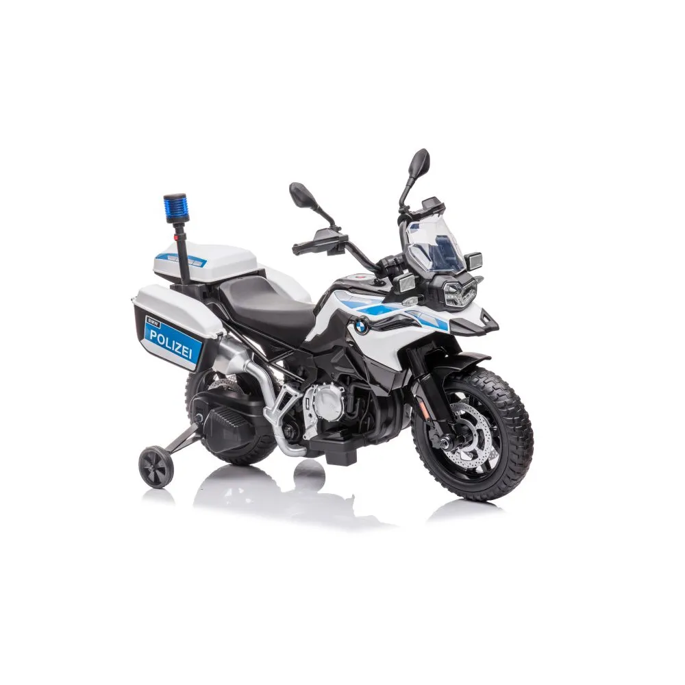 Biały motor na akumulator policyjny JT5002B na tle ogrodu