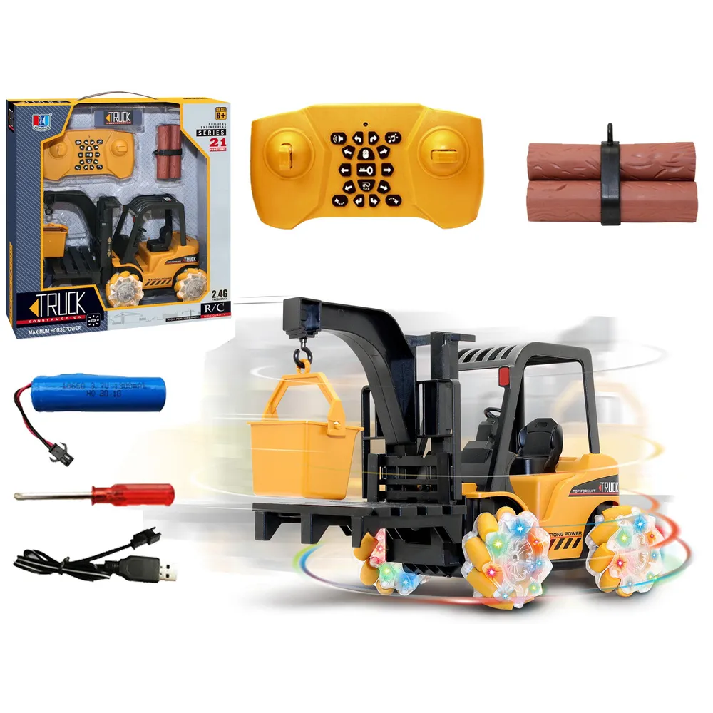 Zdalnie sterowany wózek widłowy z podświetlanymi kołami LED i pilotem