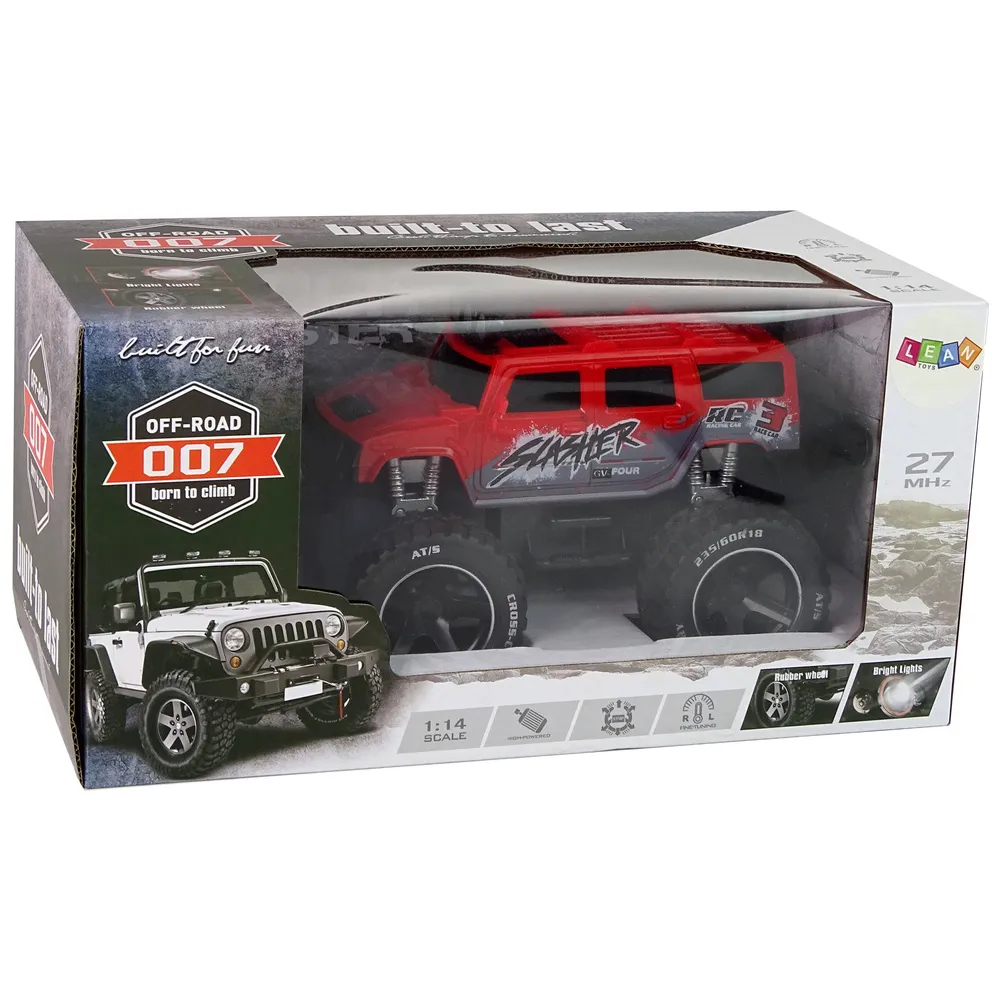 Zestaw: samochód terenowy RC 1:14, pilot i akumulator, na tle opakowania