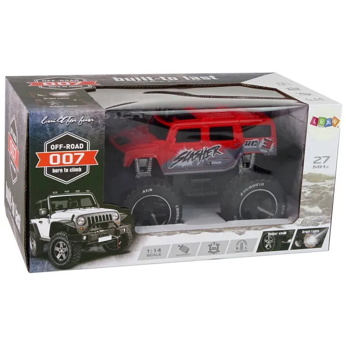 Zestaw: samochód terenowy RC 1:14, pilot i akumulator, na tle opakowania