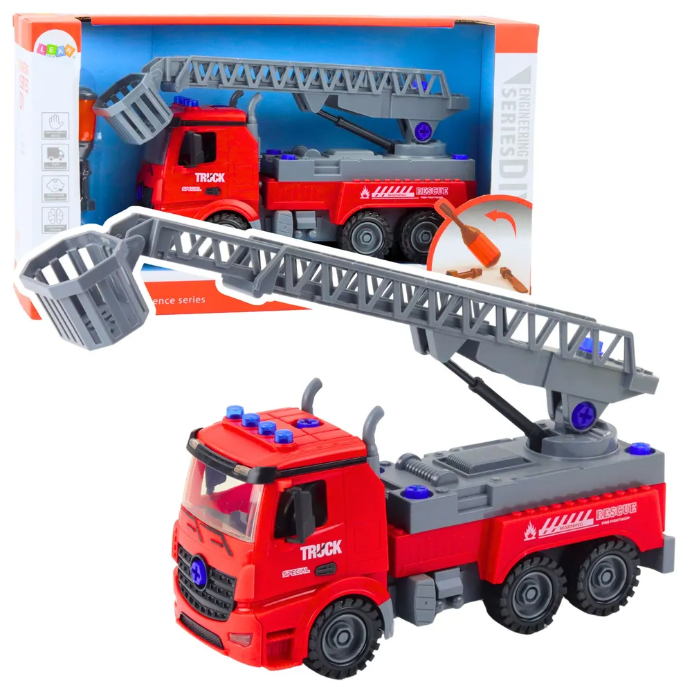 Wóz strażacki do samodzielnego skręcania z czerwonym śrubokrętem dla dzieci