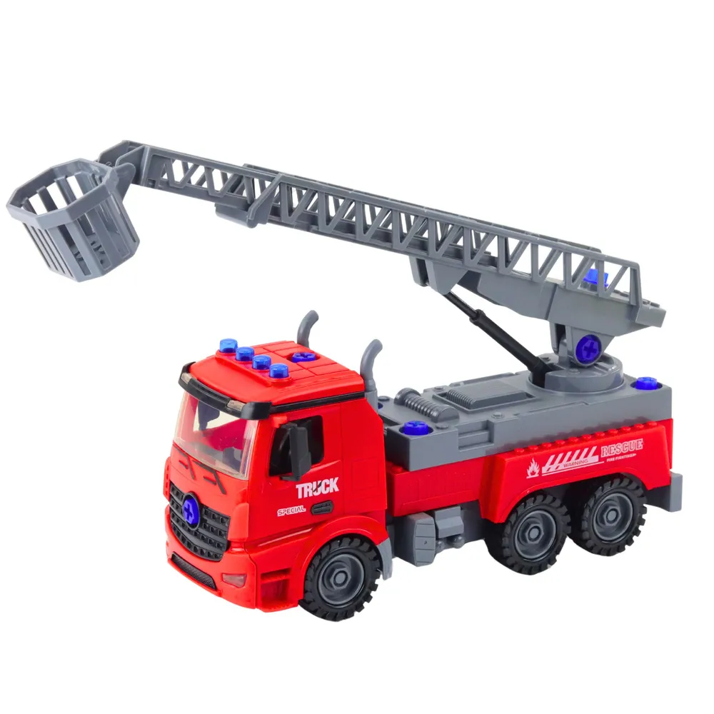 Edukacyjny czerwony wóz strażacki DIY z ruchomą drabiną i akcesoriami