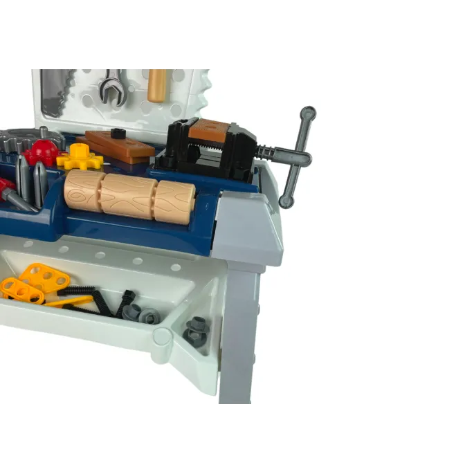 Elementy zestawu warsztatowego: wiertarka, klucz, młotek i akcesoria