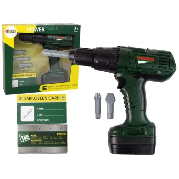 zielona wiertarka zabawkowa z wymiennymi wiertłami na białym tle