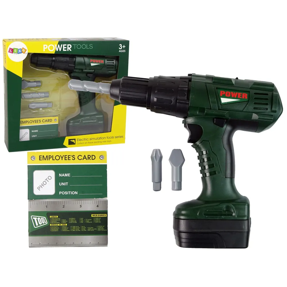 zielona wiertarka zabawkowa z wymiennymi wiertłami na białym tle