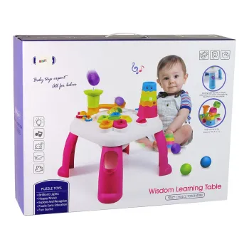 Stolik edukacyjny dla dzieci z funkcją zjeżdżalni i interaktywnymi dodatkami