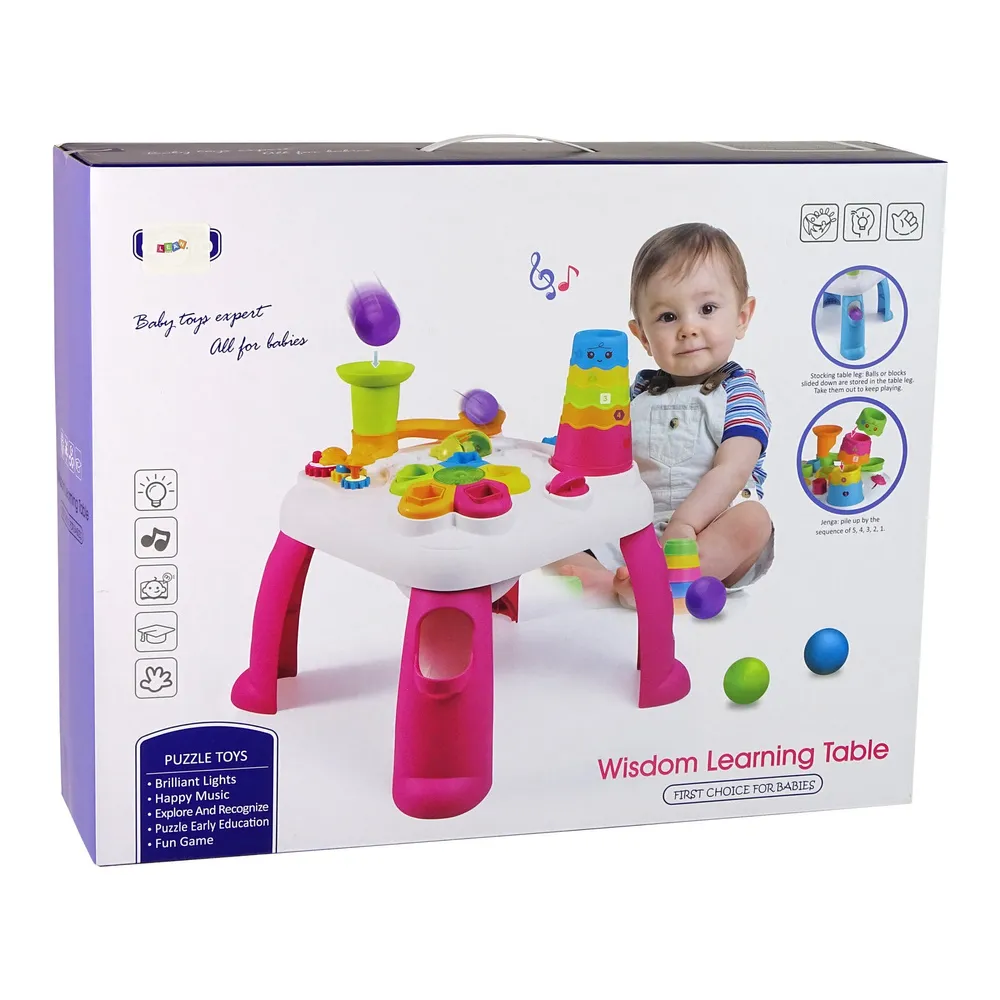 Stolik edukacyjny dla dzieci z funkcją zjeżdżalni i interaktywnymi dodatkami