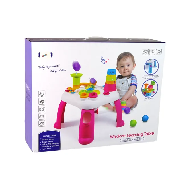 Sorter kształtów i niebieski stolik interaktywny dla dziecka w wieku przedszkolnym