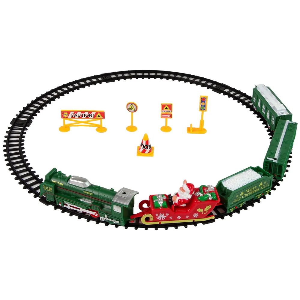 Zestaw kolejki z oświetleniem lokomotywy oraz świątecznymi wagonami