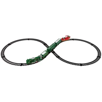 Elementy zestawu świątecznej kolejki: lokomotywa, sanie, tory, znaki