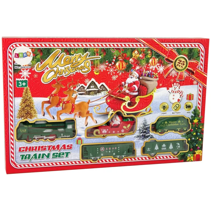 Świąteczny motyw kolejki z torami o długości 260 cm i kolorowymi wagonami