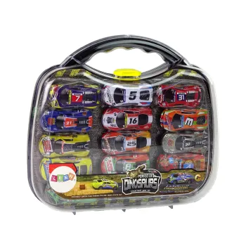 Walizka z zestawem resoraków, dinozaurów i znaków drogowych do zabawy