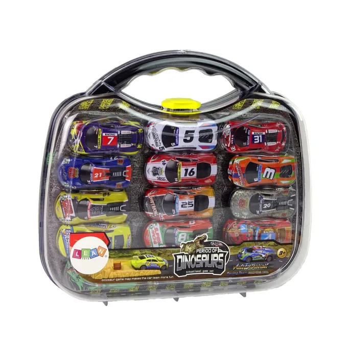 Walizka z zestawem resoraków, dinozaurów i znaków drogowych do zabawy