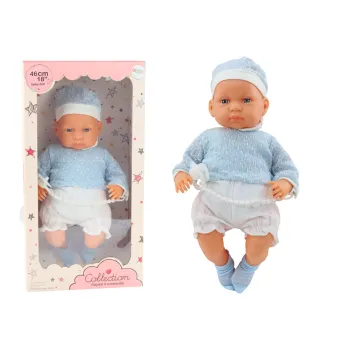 Realistyczna lalka bobas 46 cm z niebieskim smoczkiem i czapeczką