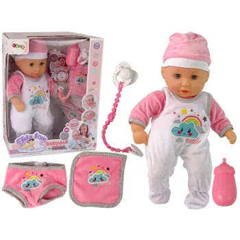 Lalka bobas w różowo-białej piżamce z chmurką na rękach