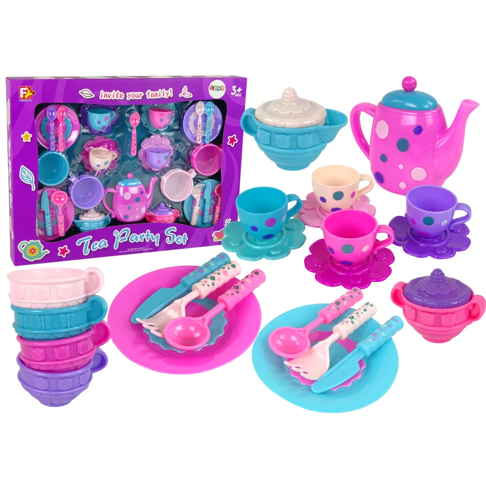 Fioletowy zestaw do herbaty dla dzieci z filiżankami i talerzykami