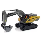 Zdalnie sterowana koparka gąsienicowa prezentowana na białym tle