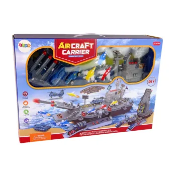 zestaw wojskowy: lotniskowiec, myśliwce, czołg i pojazd opancerzony