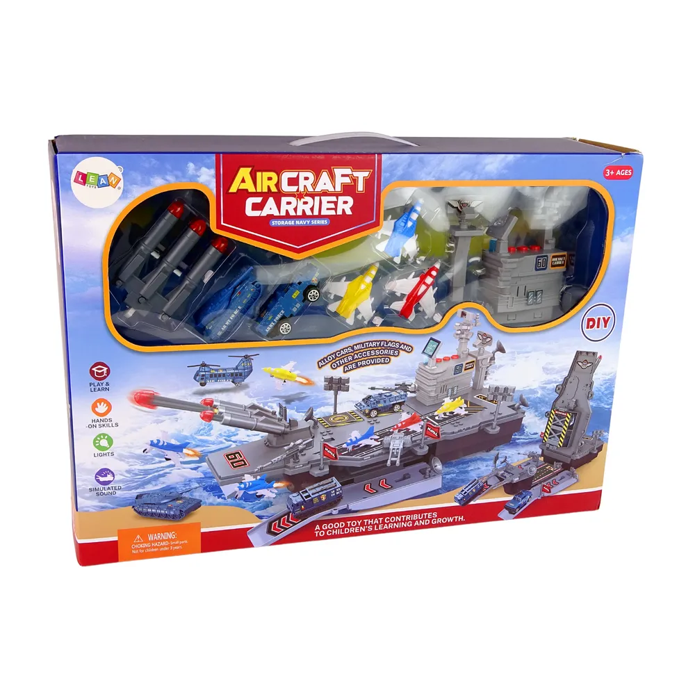 zestaw wojskowy: lotniskowiec, myśliwce, czołg i pojazd opancerzony