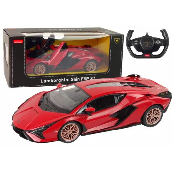 Czerwony model Lamborghini Sian FKP 37 Rastar 1:14 z pilotem w widoku z boku