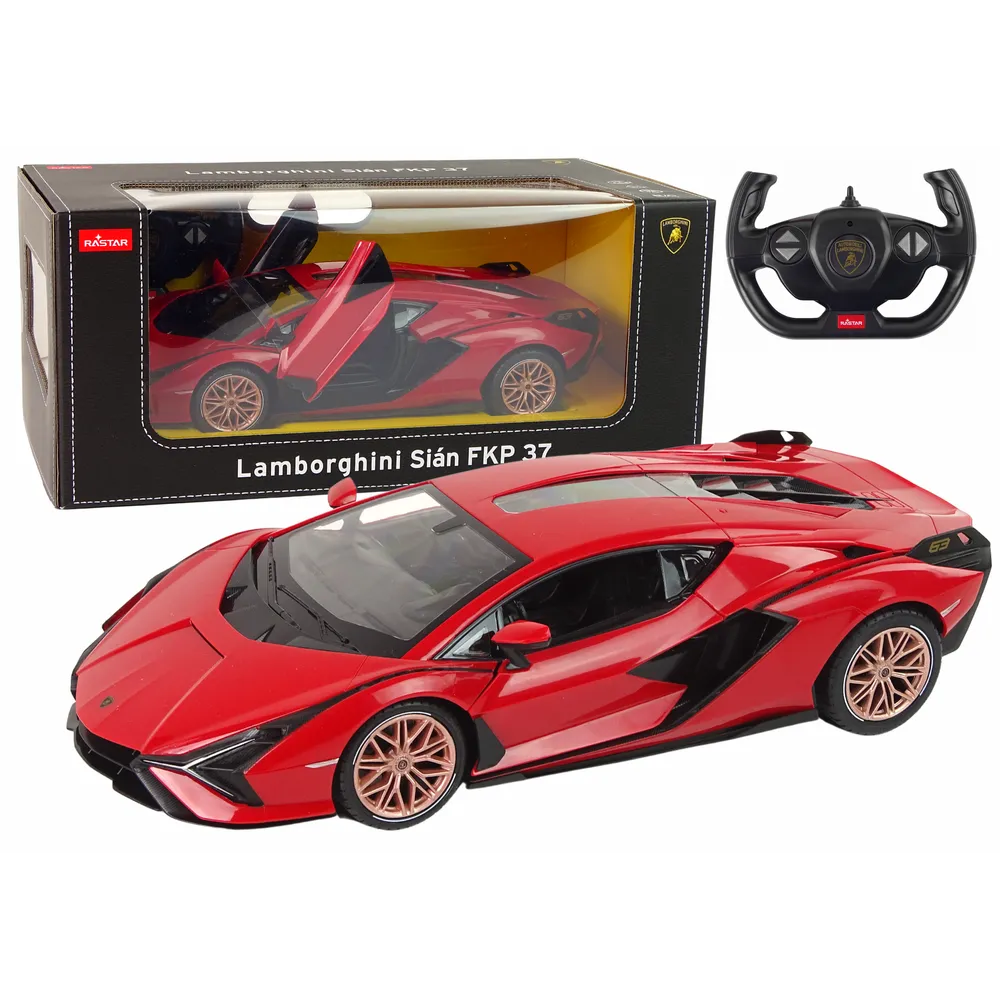 Czerwony model Lamborghini Sian FKP 37 Rastar 1:14 z pilotem w widoku z boku