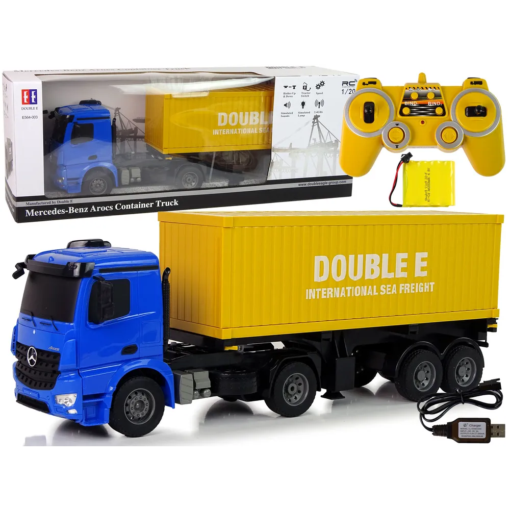 Duża ciężarówka R/C Mercedes Arocs niebieska z kontenerem, 58 cm długości