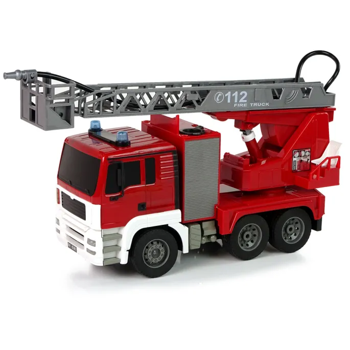 Widok wozu strażackiego z wysuniętą drabiną dla dzieci