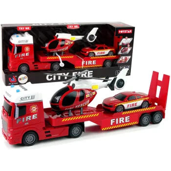 Zestaw pojazdów straży pożarnej z lawetą, autkiem i helikopterem