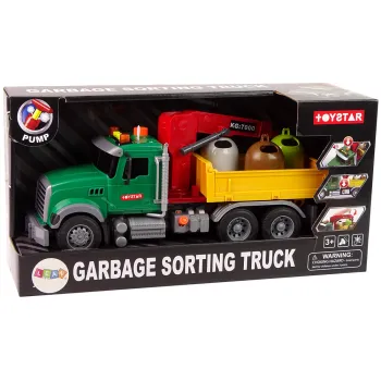 Zabawka edukacyjna z dźwigiem i funkcjonalną przyczepą do przewozu śmieci