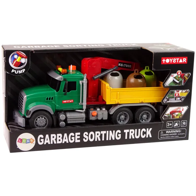 Zabawka edukacyjna z dźwigiem i funkcjonalną przyczepą do przewozu śmieci