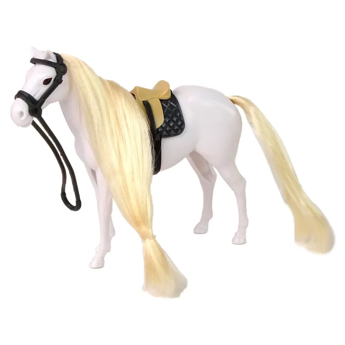 Widok figurki brązowego konia i akcesoriów do stajni w zestawie