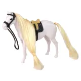 Widok figurki brązowego konia i akcesoriów do stajni w zestawie