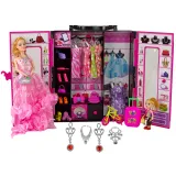 Szafa na ubranka z lalką, sukienkami i dodatkami do stylizacji