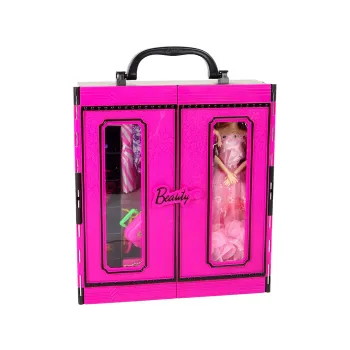 Różowa walizka z kompletami ubrań i butów dla lalki
