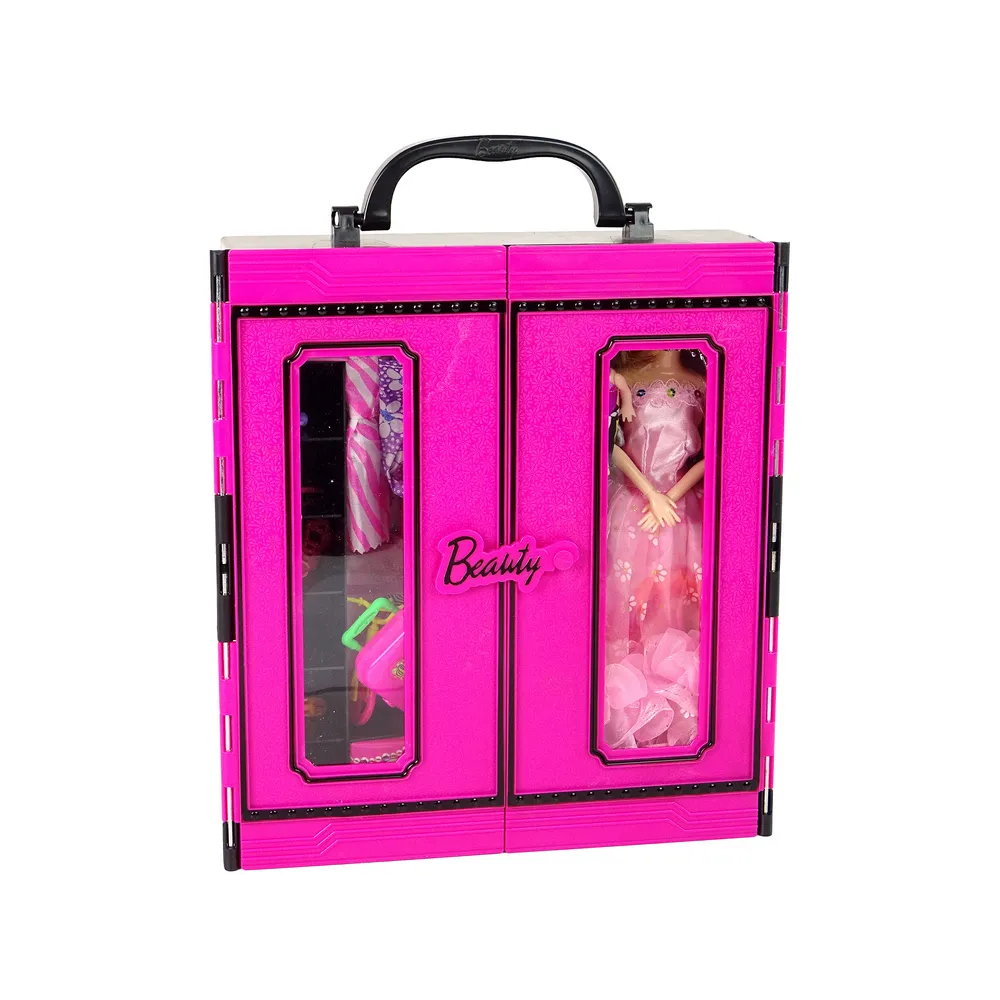 Różowa walizka z kompletami ubrań i butów dla lalki