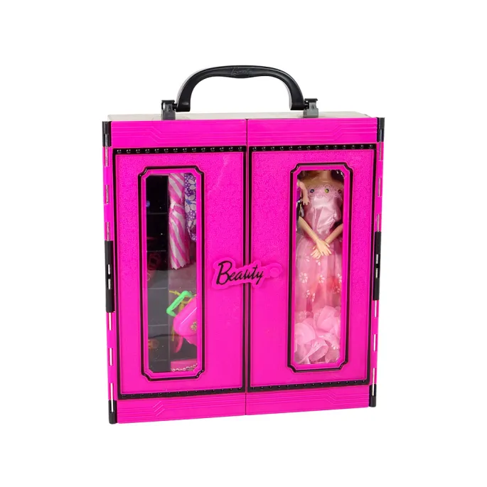 Różowa walizka z kompletami ubrań i butów dla lalki