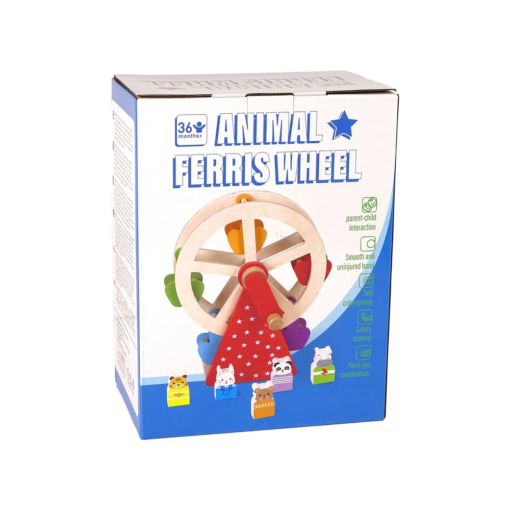 Bezpieczna zabawka dla dzieci – drewniany diabelski młyn z kolorowymi figurkami