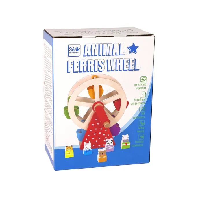 Bezpieczna zabawka dla dzieci – drewniany diabelski młyn z kolorowymi figurkami