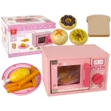 Różowa drewniana kuchenka mikrofalowa dla dzieci z akcesoriami do zabawy