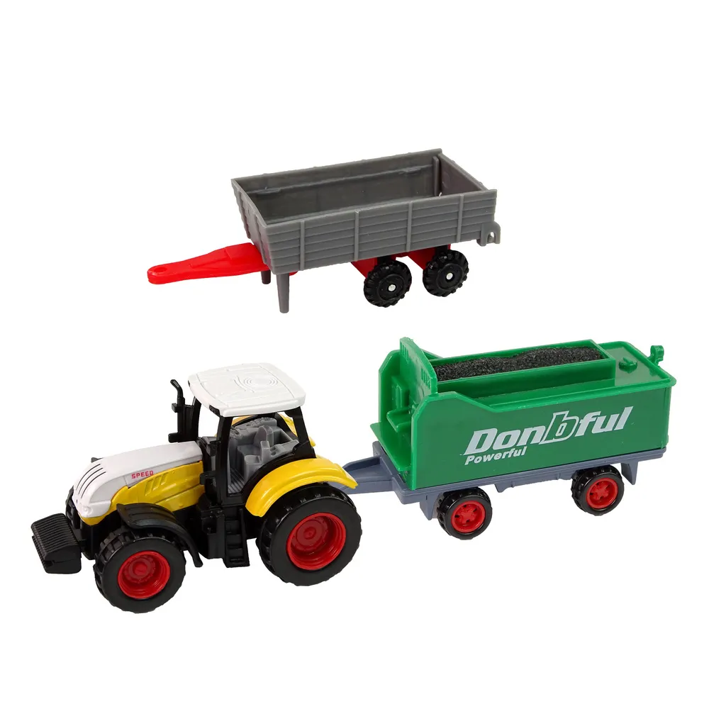 Różnorodne pojazdy rolnicze z zestawu o długości około 9 cm każdy